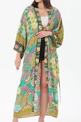 Boho Robe, Kimono Robe, Beach Cover up, Peacock in Gold Green