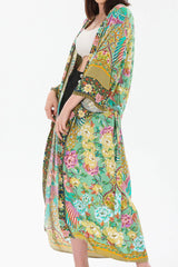 Boho Robe, Kimono Robe, Beach Cover up, Peacock in Gold Green