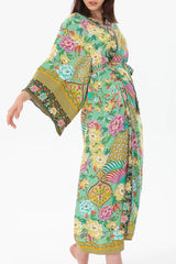 Boho Robe, Kimono Robe, Beach Cover up, Peacock in Gold Green