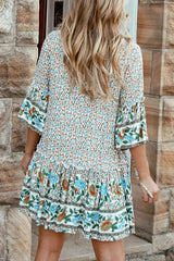 Boho Mini Dress – “Crimson Meadow” Red Floral Tunic Dres in Red & Black