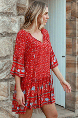 Boho Mini Dress – “Crimson Meadow” Red Floral Tunic Dres in Red & Black