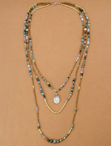 Boho Necklace, 3 Layers, Blue Natural Stone, Teardop Pendant
