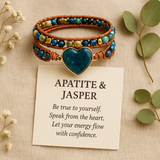 Boho Bracelet, 3 Layers Leather Wrap Bracelet, Jasper Apatite Heart