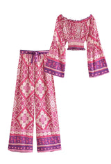 Boho Two Piece Set - Crop Top Blouse and Palazzo Pant - Pink Fuchsia