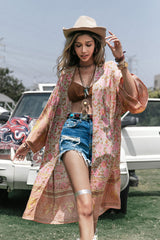 Boho Kimono Robe – “Theodosia” Pink Floral Wrap Robe for Women