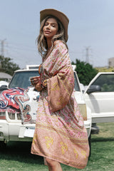 Boho Kimono Robe – “Theodosia” Pink Floral Wrap Robe for Women