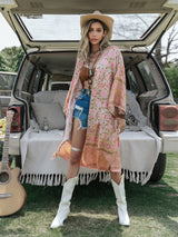Boho Kimono Robe – “Theodosia” Pink Floral Wrap Robe for Women