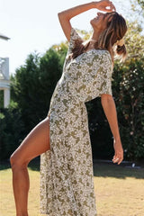 Boho Maxi Dress – “Oroslavje Wild Flora” Floral Summer Dress in Blush Pink and Mustard