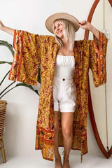 Boho Robe, Kimono Robe, Beach Cover up, Feather Paisley in Brown Blue Pink Purple