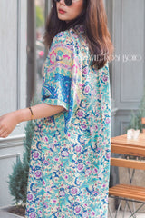 Boho Robe, Kimono Robe, Beach Cover up, Feather Paisley in Brown Blue Pink Purple