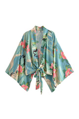 Kimono Robe – “Lily” Boho Short Cover-Up in Peony Green Floral