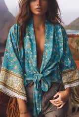 Boho Kimono Robe – Malisa Green and Pink Floral Beach Cover-Up Blouse