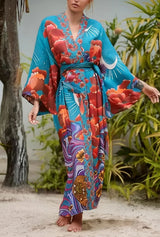 Boho Robe – “Oceane Moonlight” Bohemian Kimono Cover-Up in Green Floral for Women