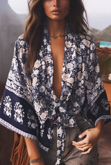 Boho Robe – “Flower Whisper” Bohemian Short Kimono Cover-Up for Beach or Lounge