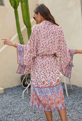 Boho Kimono Cover-Up – “Ocean Temple” Floral Print Maxi Robe in Turquoise Blue & Pink