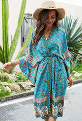 Boho Kimono Cover-Up – “Ocean Temple” Floral Print Maxi Robe in Turquoise Blue & Pink