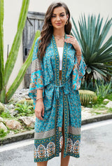Boho Kimono Cover-Up – “Ocean Temple” Floral Print Maxi Robe in Turquoise Blue & Pink