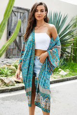 Boho Kimono Cover-Up – “Ocean Temple” Floral Print Maxi Robe in Turquoise Blue & Pink