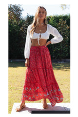 Boho Maxi Skirt – “Olive Meadow” Hippie Style Skirt in Beige & Red for Women, Summer, and Festivals