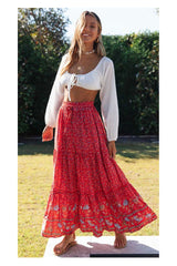 Boho Maxi Skirt – “Olive Meadow” Hippie Style Skirt in Beige & Red for Women, Summer, and Festivals