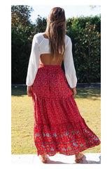 Boho Maxi Skirt – “Olive Meadow” Hippie Style Skirt in Beige & Red for Women, Summer, and Festivals