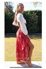 Boho Maxi Skirt – “Olive Meadow” Hippie Style Skirt in Beige & Red for Women, Summer, and Festivals