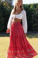 Boho Maxi Skirt – “Olive Meadow” Hippie Style Skirt in Beige & Red for Women, Summer, and Festivals