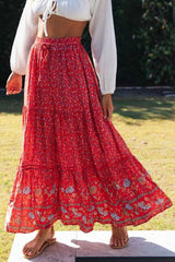 Boho Maxi Skirt – “Olive Meadow” Hippie Style Skirt in Beige & Red for Women, Summer, and Festivals