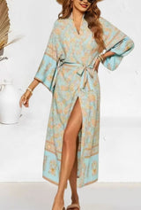 Boho Kimono Robe – “Blue Mirage” Lightweight Robe in Sky Blue & Gold for Lounge or Beach