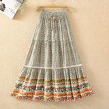 Boho Maxi Skirt – “Olive Meadow” Hippie Style Skirt in Beige & Red for Women, Summer, and Festivals