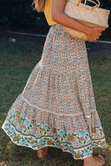 Boho Maxi Skirt – “Olive Meadow” Hippie Style Skirt in Red & Beige for Women, Summer, and Festivals