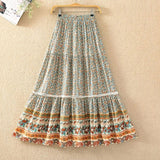 Boho Maxi Skirt – “Olive Meadow” Hippie Style Skirt in Beige & Red for Women, Summer, and Festivals