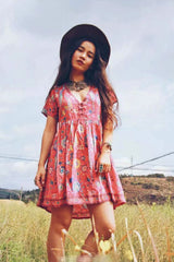 Boho Mini Dress – “Fiesta Bloom” Red Folk Print Sundress for Women