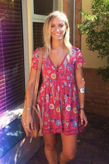Boho Mini Dress – “Fiesta Bloom” Red Folk Print Sundress for Women