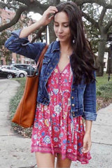 Boho Mini Dress – “Fiesta Bloom” Red Folk Print Sundress for Women