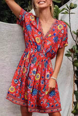Boho Summer Dress – Soleil Short Sleeve Mini Dress with Bird and Floral Print (Red & Purple)