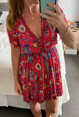 Boho Summer Dress – Soleil Short Sleeve Mini Dress with Bird and Floral Print (Red & Purple)