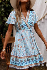 Boho Midi Dress – Isla Light Blue Wrap Style Dress with Tie Waist and Boho Print