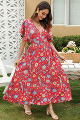 Boho Sundress – “Bird Flower in Red” Lightweight Maxi Dress for Summer Days