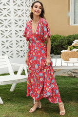 Boho Sundress – “Bird Flower in Red” Lightweight Maxi Dress for Summer Days