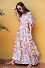 Boho Sundress – “Bird Flower in Blue” Lightweight Maxi Dress for Summer Days