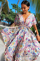 Boho Sundress – “Bird Flower in Red” Lightweight Maxi Dress for Summer Days