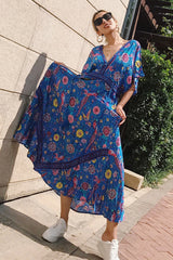 Boho Sundress – “Bird Flower in Blue” Lightweight Maxi Dress for Summer Days