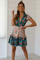 Boho Mini Dress – “Golden Folk” Vintage Floral Wrap Dress Sundress in Pink & Black