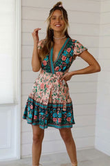 Summer Women Floral Print  Wrap V-neck Beach Wrap Bohemian Mini Dress Kaftan Ladies Short Sleeve Sexy Boho Dresses Vestidos