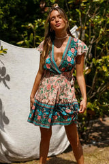 Boho Mini Dress – “Golden Folk” Vintage Floral Wrap Dress Sundress in Pink & Black
