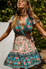 Boho Mini Dress – “Golden Folk” Vintage Floral Wrap Dress Sundress in Pink & Black