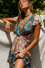 Boho Mini Dress – “Golden Folk” Vintage Floral Wrap Dress Sundress in Pink & Black
