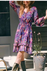 Boho Mini Dress – “Twilight Garden” Purple Floral Long Sleeve Tunic for Women