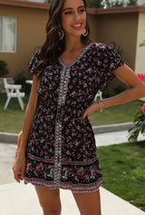 Boho Mini Dress – “Midnight Bloom” Button Front Floral Dress in Black & Pink